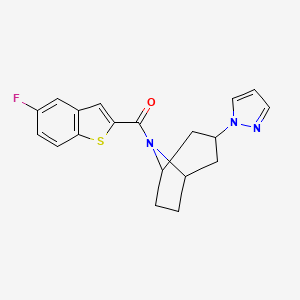 molecular formula C19H18FN3OS B2957507 ((1R,5S)-3-(1H-pyrazol-1-yl)-8-azabicyclo[3.2.1]octan-8-yl)(5-fluorobenzo[b]thiophen-2-yl)methanone CAS No. 2309310-50-5