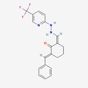 molecular formula C20H18F3N3O B2957535 (E)-6-benzylidene-2-((E)-(2-(5-(trifluoromethyl)pyridin-2-yl)hydrazono)methyl)cyclohex-1-enol CAS No. 307343-47-1