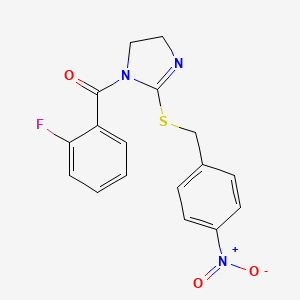 molecular formula C17H14FN3O3S B2957536 (2-Fluorophenyl)-[2-[(4-nitrophenyl)methylsulfanyl]-4,5-dihydroimidazol-1-yl]methanone CAS No. 851802-31-8