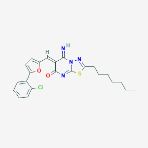 molecular formula C23H23ClN4O2S B295754 6-{[5-(2-chlorophenyl)-2-furyl]methylene}-2-heptyl-5-imino-5,6-dihydro-7H-[1,3,4]thiadiazolo[3,2-a]pyrimidin-7-one 