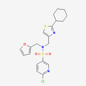 molecular formula C20H22ClN3O3S2 B2957579 6-chloro-N-[(2-cyclohexyl-1,3-thiazol-4-yl)methyl]-N-[(furan-2-yl)methyl]pyridine-3-sulfonamide CAS No. 1222986-13-1