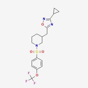 molecular formula C18H20F3N3O4S B2957590 3-Cyclopropyl-5-((1-((4-(trifluoromethoxy)phenyl)sulfonyl)piperidin-3-yl)methyl)-1,2,4-oxadiazole CAS No. 1705244-80-9