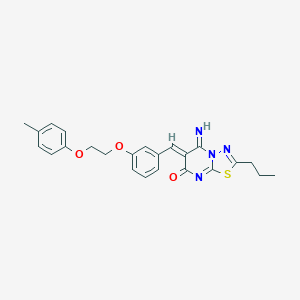 molecular formula C24H24N4O3S B295763 5-imino-6-{3-[2-(4-methylphenoxy)ethoxy]benzylidene}-2-propyl-5,6-dihydro-7H-[1,3,4]thiadiazolo[3,2-a]pyrimidin-7-one 