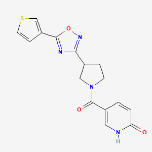molecular formula C16H14N4O3S B2957637 5-(3-(5-(thiophen-3-yl)-1,2,4-oxadiazol-3-yl)pyrrolidine-1-carbonyl)pyridin-2(1H)-one CAS No. 2034413-73-3