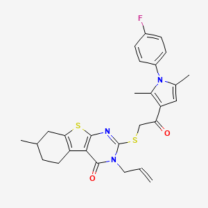 molecular formula C28H28FN3O2S2 B2957642 2-[2-[1-(4-Fluorophenyl)-2,5-dimethylpyrrol-3-yl]-2-oxoethyl]sulfanyl-7-methyl-3-prop-2-enyl-5,6,7,8-tetrahydro-[1]benzothiolo[2,3-d]pyrimidin-4-one CAS No. 671200-55-8