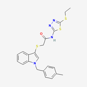 molecular formula C22H22N4OS3 B2957658 N-(5-ethylsulfanyl-1,3,4-thiadiazol-2-yl)-2-[1-[(4-methylphenyl)methyl]indol-3-yl]sulfanylacetamide CAS No. 681276-86-8