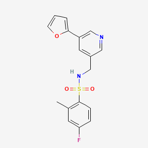 molecular formula C17H15FN2O3S B2957682 4-fluoro-N-((5-(furan-2-yl)pyridin-3-yl)methyl)-2-methylbenzenesulfonamide CAS No. 2319635-24-8