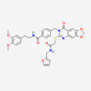 molecular formula C34H32N4O8S B2957694 N-(3,4-dimethoxyphenethyl)-4-((6-((2-((furan-2-ylmethyl)amino)-2-oxoethyl)thio)-8-oxo-[1,3]dioxolo[4,5-g]quinazolin-7(8H)-yl)methyl)benzamide CAS No. 688062-37-5