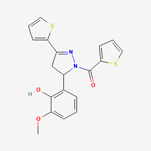 molecular formula C19H16N2O3S2 B2957707 (5-(2-hydroxy-3-methoxyphenyl)-3-(thiophen-2-yl)-4,5-dihydro-1H-pyrazol-1-yl)(thiophen-2-yl)methanone CAS No. 871225-65-9