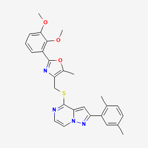molecular formula C27H26N4O3S B2957715 4-({[2-(2,3-Dimethoxyphenyl)-5-methyl-1,3-oxazol-4-yl]methyl}thio)-2-(2,5-dimethylphenyl)pyrazolo[1,5-a]pyrazine CAS No. 1207031-20-6