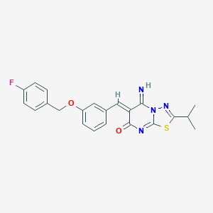 molecular formula C22H19FN4O2S B295776 6-{3-[(4-fluorobenzyl)oxy]benzylidene}-5-imino-2-isopropyl-5,6-dihydro-7H-[1,3,4]thiadiazolo[3,2-a]pyrimidin-7-one 