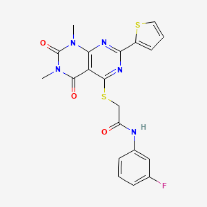 molecular formula C20H16FN5O3S2 B2957762 2-((6,8-dimethyl-5,7-dioxo-2-(thiophen-2-yl)-5,6,7,8-tetrahydropyrimido[4,5-d]pyrimidin-4-yl)thio)-N-(3-fluorophenyl)acetamide CAS No. 847191-68-8
