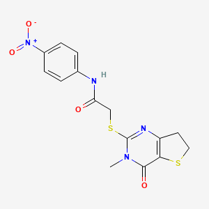 molecular formula C15H14N4O4S2 B2957814 2-[(3-methyl-4-oxo-6,7-dihydrothieno[3,2-d]pyrimidin-2-yl)sulfanyl]-N-(4-nitrophenyl)acetamide CAS No. 893359-86-9