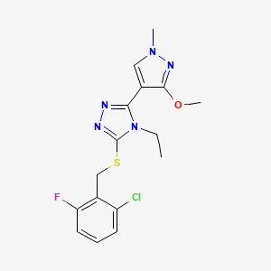 molecular formula C16H17ClFN5OS B2957815 3-((2-chloro-6-fluorobenzyl)thio)-4-ethyl-5-(3-methoxy-1-methyl-1H-pyrazol-4-yl)-4H-1,2,4-triazole CAS No. 1014095-29-4