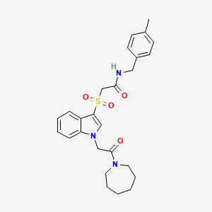 molecular formula C26H31N3O4S B2957866 2-((1-(2-(氮杂环戊基)-2-氧代乙基)-1H-吲哚-3-基)磺酰基)-N-(4-甲基苄基)乙酰胺 CAS No. 878060-30-1