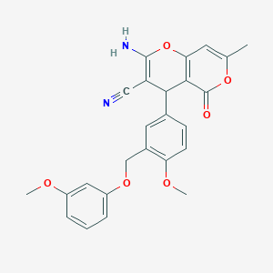 molecular formula C25H22N2O6 B2957907 2-氨基-4-{4-甲氧基-3-[(3-甲氧基苯氧基)甲基]苯基}-7-甲基-5-氧代-4H,5H-吡喃并[4,3-b]吡喃-3-腈 CAS No. 625368-51-6