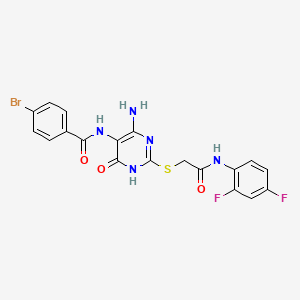 molecular formula C19H14BrF2N5O3S B2957912 N-(4-amino-2-((2-((2,4-difluorophenyl)amino)-2-oxoethyl)thio)-6-oxo-1,6-dihydropyrimidin-5-yl)-4-bromobenzamide CAS No. 888432-52-8