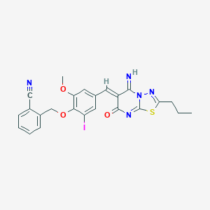 molecular formula C24H20IN5O3S B295795 2-({4-[(5-imino-7-oxo-2-propyl-5H-[1,3,4]thiadiazolo[3,2-a]pyrimidin-6(7H)-ylidene)methyl]-2-iodo-6-methoxyphenoxy}methyl)benzonitrile 