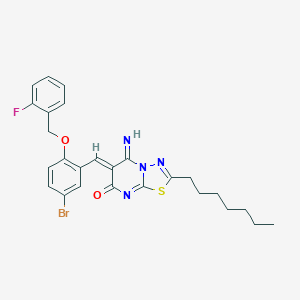 molecular formula C26H26BrFN4O2S B295797 6-{5-bromo-2-[(2-fluorobenzyl)oxy]benzylidene}-2-heptyl-5-imino-5,6-dihydro-7H-[1,3,4]thiadiazolo[3,2-a]pyrimidin-7-one 