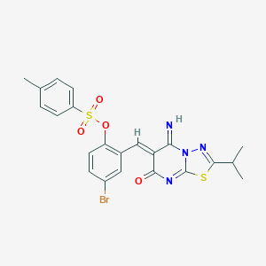 molecular formula C22H19BrN4O4S2 B295799 4-bromo-2-[(5-imino-2-isopropyl-7-oxo-5H-[1,3,4]thiadiazolo[3,2-a]pyrimidin-6(7H)-ylidene)methyl]phenyl 4-methylbenzenesulfonate 