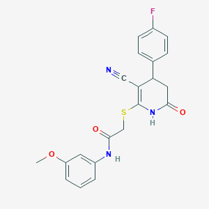 molecular formula C21H18FN3O3S B2958051 2-((3-cyano-4-(4-fluorophenyl)-6-oxo-1,4,5,6-tetrahydropyridin-2-yl)thio)-N-(3-methoxyphenyl)acetamide CAS No. 684237-84-1