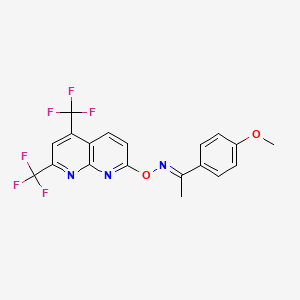 molecular formula C19H13F6N3O2 B2958084 1-(4-甲氧基苯基)-1-乙酮 O-[5,7-双(三氟甲基)[1,8]萘啶-2-基]肟 CAS No. 338978-32-8