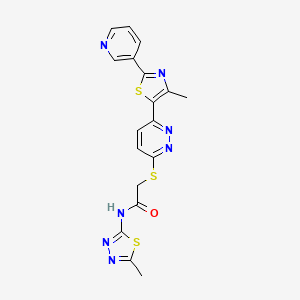 molecular formula C18H15N7OS3 B2958109 N-(5-甲基-1,3,4-噻二唑-2-基)-2-((6-(4-甲基-2-(吡啶-3-基)噻唑-5-基)吡哒嗪-3-基)硫代)乙酰胺 CAS No. 955261-39-9