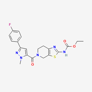 molecular formula C20H20FN5O3S B2958153 ethyl (5-(3-(4-fluorophenyl)-1-methyl-1H-pyrazole-5-carbonyl)-4,5,6,7-tetrahydrothiazolo[5,4-c]pyridin-2-yl)carbamate CAS No. 1351644-71-7