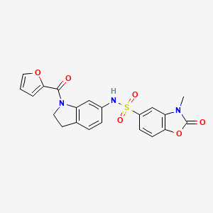 molecular formula C21H17N3O6S B2958168 N-(1-(呋喃-2-羰基)吲哚-6-基)-3-甲基-2-氧代-2,3-二氢苯并[d]恶唑-5-磺酰胺 CAS No. 1428373-43-6