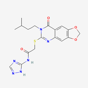 molecular formula C18H20N6O4S B2958224 2-((7-isopentyl-8-oxo-7,8-dihydro-[1,3]dioxolo[4,5-g]quinazolin-6-yl)thio)-N-(4H-1,2,4-triazol-3-yl)acetamide CAS No. 1116071-27-2