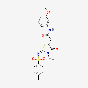 molecular formula C21H23N3O5S2 B2958226 (E)-2-(3-乙基-4-氧代-2-(甲苯磺酰亚氨基)噻唑烷-5-基)-N-(3-甲氧基苯基)乙酰胺 CAS No. 630090-85-6