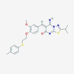 molecular formula C25H26N4O3S2 B295823 5-imino-2-isopropyl-6-(3-methoxy-4-{2-[(4-methylphenyl)sulfanyl]ethoxy}benzylidene)-5,6-dihydro-7H-[1,3,4]thiadiazolo[3,2-a]pyrimidin-7-one 
