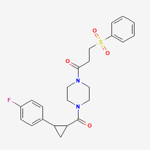 molecular formula C23H25FN2O4S B2958241 1-(4-(2-(4-Fluorophenyl)cyclopropanecarbonyl)piperazin-1-yl)-3-(phenylsulfonyl)propan-1-one CAS No. 1208935-28-7