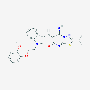 molecular formula C26H25N5O3S B295825 (6Z)-5-IMINO-6-({1-[2-(2-METHOXYPHENOXY)ETHYL]-1H-INDOL-3-YL}METHYLIDENE)-2-(PROPAN-2-YL)-5H,6H,7H-[1,3,4]THIADIAZOLO[3,2-A]PYRIMIDIN-7-ONE 