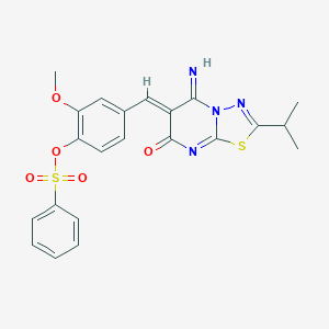 molecular formula C22H20N4O5S2 B295826 4-[(5-imino-2-isopropyl-7-oxo-5H-[1,3,4]thiadiazolo[3,2-a]pyrimidin-6(7H)-ylidene)methyl]-2-methoxyphenyl benzenesulfonate 