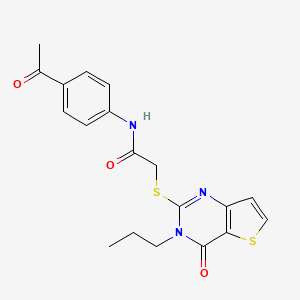 molecular formula C19H19N3O3S2 B2958260 N-(4-acetylphenyl)-2-[(4-oxo-3-propyl-3,4-dihydrothieno[3,2-d]pyrimidin-2-yl)sulfanyl]acetamide CAS No. 1252876-13-3