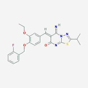 molecular formula C24H23FN4O3S B295834 6-{3-ethoxy-4-[(2-fluorobenzyl)oxy]benzylidene}-5-imino-2-isopropyl-5,6-dihydro-7H-[1,3,4]thiadiazolo[3,2-a]pyrimidin-7-one 