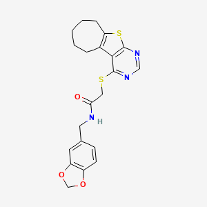 molecular formula C21H21N3O3S2 B2958361 N-(苯并[d][1,3]二氧杂环-5-基甲基)-2-((6,7,8,9-四氢-5H-环庚并[4,5]噻吩并[2,3-d]嘧啶-4-基)硫代)乙酰胺 CAS No. 690642-45-6