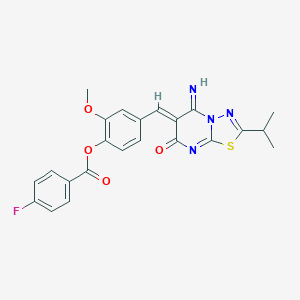 molecular formula C23H19FN4O4S B295837 4-[(5-imino-2-isopropyl-7-oxo-5H-[1,3,4]thiadiazolo[3,2-a]pyrimidin-6(7H)-ylidene)methyl]-2-methoxyphenyl 4-fluorobenzoate 