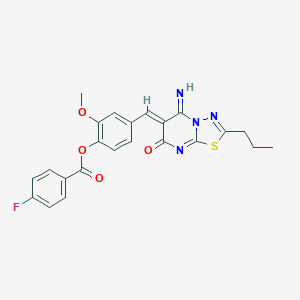 molecular formula C23H19FN4O4S B295838 4-[(5-imino-7-oxo-2-propyl-5H-[1,3,4]thiadiazolo[3,2-a]pyrimidin-6(7H)-ylidene)methyl]-2-methoxyphenyl 4-fluorobenzoate 