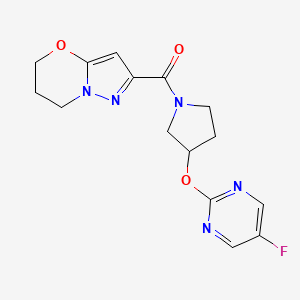 molecular formula C15H16FN5O3 B2958458 (6,7-dihydro-5H-pyrazolo[5,1-b][1,3]oxazin-2-yl)(3-((5-fluoropyrimidin-2-yl)oxy)pyrrolidin-1-yl)methanone CAS No. 2034246-27-8