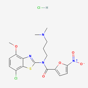 molecular formula C18H20Cl2N4O5S B2958461 N-(7-chloro-4-methoxybenzo[d]thiazol-2-yl)-N-(3-(dimethylamino)propyl)-5-nitrofuran-2-carboxamide hydrochloride CAS No. 1216842-66-8