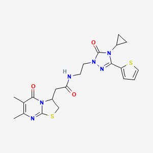 molecular formula C21H24N6O3S2 B2958467 N-(2-(4-cyclopropyl-5-oxo-3-(thiophen-2-yl)-4,5-dihydro-1H-1,2,4-triazol-1-yl)ethyl)-2-(6,7-dimethyl-5-oxo-3,5-dihydro-2H-thiazolo[3,2-a]pyrimidin-3-yl)acetamide CAS No. 1448035-45-7