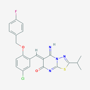 molecular formula C22H18ClFN4O2S B295848 6-{5-chloro-2-[(4-fluorobenzyl)oxy]benzylidene}-5-imino-2-isopropyl-5,6-dihydro-7H-[1,3,4]thiadiazolo[3,2-a]pyrimidin-7-one 