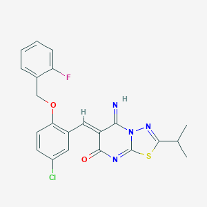 molecular formula C22H18ClFN4O2S B295849 6-{5-chloro-2-[(2-fluorobenzyl)oxy]benzylidene}-5-imino-2-isopropyl-5,6-dihydro-7H-[1,3,4]thiadiazolo[3,2-a]pyrimidin-7-one 