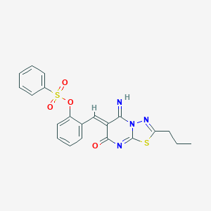 molecular formula C21H18N4O4S2 B295850 2-[(5-imino-7-oxo-2-propyl-5H-[1,3,4]thiadiazolo[3,2-a]pyrimidin-6(7H)-ylidene)methyl]phenyl benzenesulfonate 