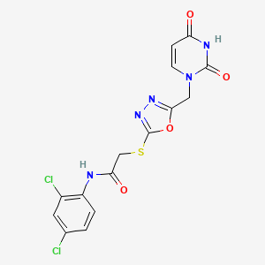 molecular formula C15H11Cl2N5O4S B2958502 N-(2,4-dichlorophenyl)-2-((5-((2,4-dioxo-3,4-dihydropyrimidin-1(2H)-yl)methyl)-1,3,4-oxadiazol-2-yl)thio)acetamide CAS No. 1091462-14-4