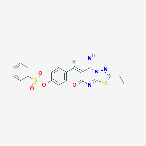 molecular formula C21H18N4O4S2 B295851 4-[(5-imino-7-oxo-2-propyl-5H-[1,3,4]thiadiazolo[3,2-a]pyrimidin-6(7H)-ylidene)methyl]phenyl benzenesulfonate 