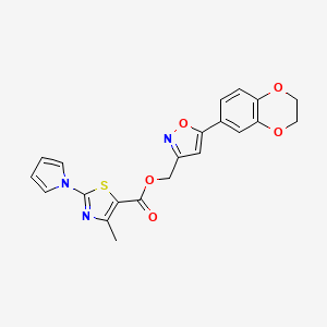 molecular formula C21H17N3O5S B2958516 (5-(2,3-dihydrobenzo[b][1,4]dioxin-6-yl)isoxazol-3-yl)methyl 4-methyl-2-(1H-pyrrol-1-yl)thiazole-5-carboxylate CAS No. 1206998-50-6