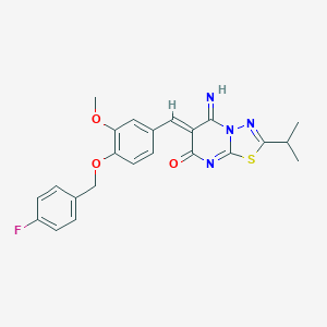 molecular formula C23H21FN4O3S B295852 6-{4-[(4-fluorobenzyl)oxy]-3-methoxybenzylidene}-5-imino-2-isopropyl-5,6-dihydro-7H-[1,3,4]thiadiazolo[3,2-a]pyrimidin-7-one 